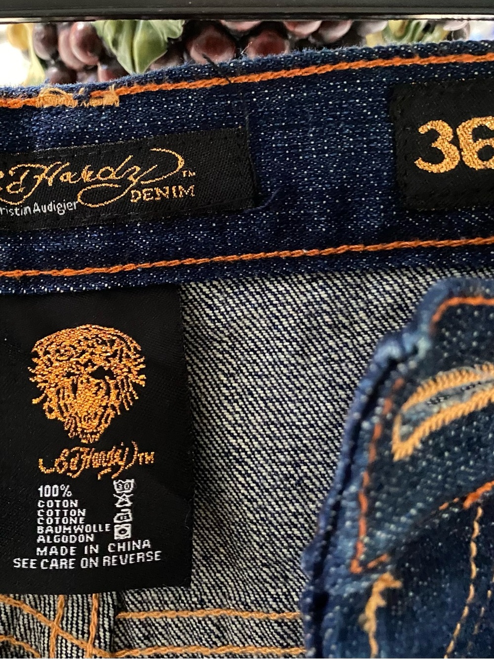 Ed Hardy Dark Blue Denim Jean Shorts with Contrast Stitching - Picture 3 of 10